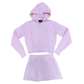 Light pink FBZ Cable Knit Skirt by Flowers By Zoe, showing the cozy, textured knit fabric and high-waisted design.