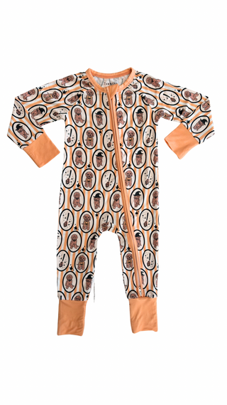 In My Jammers Orange Howl-O-Ween Pups Zipper Romper
Children's onesie with avocado pattern on a white background