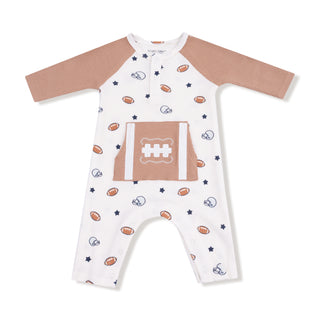 Angel Dear, Angel Dear Long Sleeve Raglan Henley Romper with Kanga Pocket - Footballs and Stars - Basically Bows & Bowties