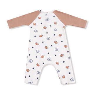Angel Dear, Angel Dear Long Sleeve Raglan Henley Romper with Kanga Pocket - Footballs and Stars - Basically Bows & Bowties
