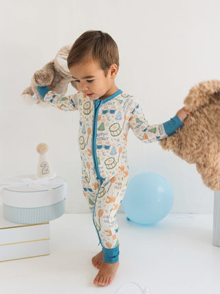 In My Jammers, In My Jammers Zipper Romper - Blue Birthday Boy - Basically Bows & Bowties