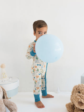 In My Jammers, In My Jammers Zipper Romper - Blue Birthday Boy - Basically Bows & Bowties