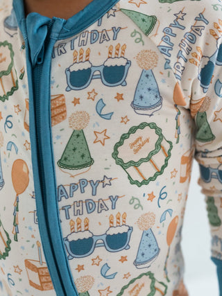 In My Jammers, In My Jammers Zipper Romper - Blue Birthday Boy - Basically Bows & Bowties