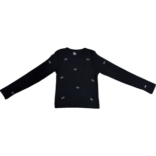 FBZ Silver Bow Ribbed Long Sleeve Black Tee
Black long-sleeve shirt with small white patterns on a white background