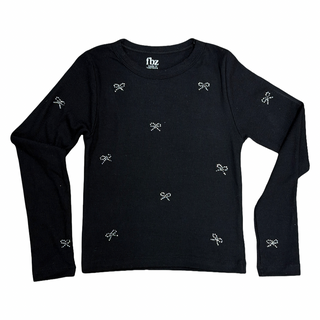 FBZ Silver Bow Ribbed Long Sleeve Black Tee
Black long-sleeve shirt with small white bow patterns on a white background