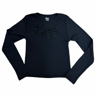 FBZ Bow Ribbed Long Sleeve Black TeeBlack sweater with a bow design on a white background
