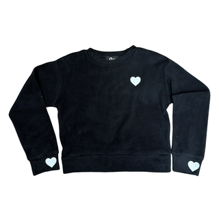 FBZ Black with White Heart Sweatshirt
Black sweatshirt with white heart designs on cuffs and waistband against a white background
