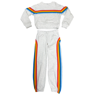 FBZ  Rainbow Stripe Misty Grey Sweatshirt
FBZ Rainbow Stripe Misty Grey Jogger
Gray tracksuit with rainbow stripes on a white background