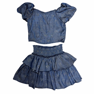 FBZ Silver Bows Tiered Chambray Denim Skirt
FBZ Silver Bows Denim Chambray Puff Sleeve Top
Blue denim top and skirt set on a white background
