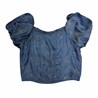 FBZ Silver Bows Denim Chambray Puff Sleeve Top
Blue denim top with puffed sleeves on a white background