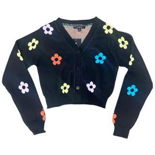 FBZ Black Multi Flower Cardigan, Flowers By Zoe, Cardigan, cf-size-large-10-12, cf-size-medium-8-10, cf-size-small-7-8, cf-size-xlarge-12-14, cf-type-shirts-&-tops, cf-vendor-flowers-by-zoe, 