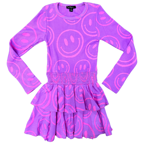 FBZ Purple Neon Pink Smiley Tiered L/S Dress, Flowers By Zoe, cf-size-4, cf-size-5, cf-size-6, cf-size-6x, cf-size-medium-8-10, cf-size-small-7-8, cf-type-dresses, cf-vendor-flowers-by-zoe, D