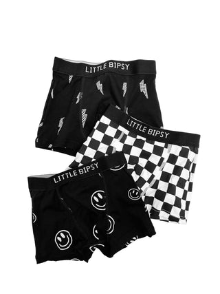 Little Bipsy Boxer Brief 3 Pack - Smiley / Checkered / Lightening Bolt
Set of black boxer briefs with checkered pattern and 'Little Bipsy' branding on a white background