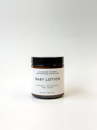 Lavender Thorne Baby Lotion moisturizer bottle with lavender flower illustration and soft pastel packaging.