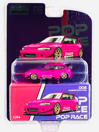 Pop Race Enigma Exclusive Pandem Civic EG6 car in pink with detailed body kit and racing decals, showcasing a sleek, custom design.