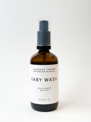 Lavender Thorne Baby Wash soap with lavender scent, featuring a clear bottle with label and a pump dispenser.