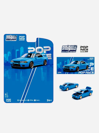 Pop Race Enigma Nissan Skyline R32 car in Bayside Blue, detailed model with realistic features and branding.
