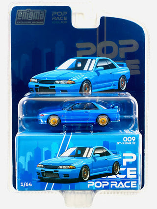 Pop Race Enigma Nissan Skyline R32 model car in Bayside Blue, detailed diecast toy with racing design and branding.