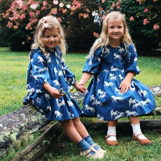 Pink Chicken Girls Katya Dress - Wild Horses
Two young girls in matching blue dresses with horse patterns sitting on a log outdoors.