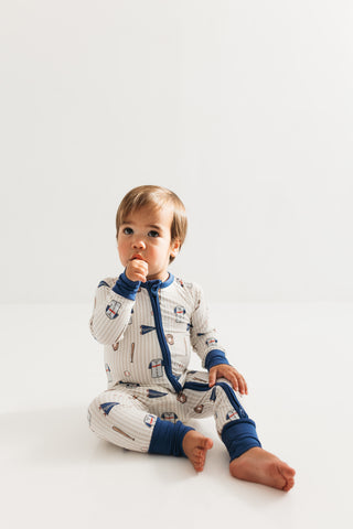In My Jammers Blue Baseball Zipper Romper