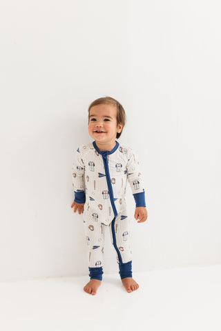 In My Jammers Blue Baseball Zipper Romper