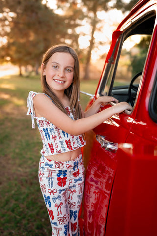 In My Jammers Red White and Blue Bows Smocked Flare Set