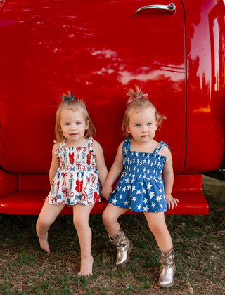 In My Jammers Red White & Blue Bows Smocked Twirl Romper