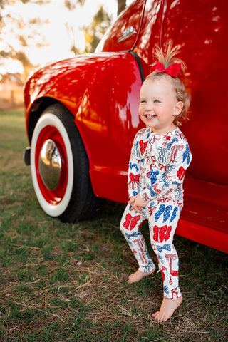 In My Jammers Red White & Blue Bows Zipper Romper