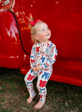 In My Jammers Red White & Blue Bows Zipper Romper