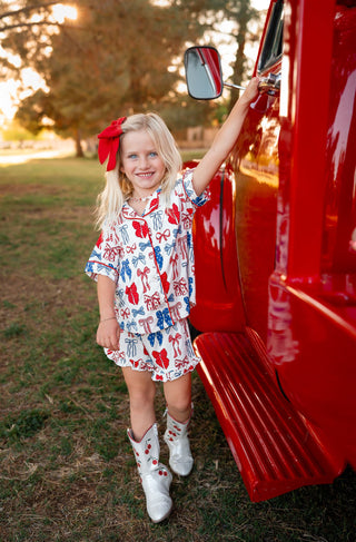 In My Jammers Red White & Blue Bows Kids Button Up Short Set