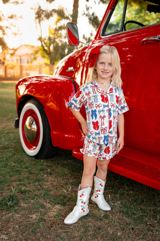 In My Jammers Red White & Blue Bows Kids Button Up Short Set