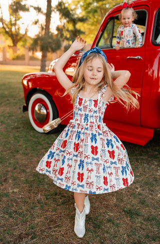 In My Jammers Red White & Blue Bows Smocked Twirl Dress