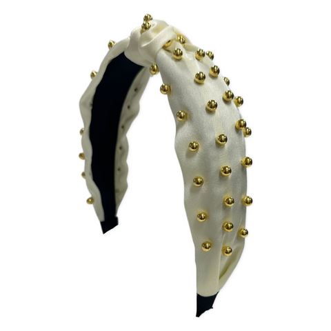 Satin Gold Ball Knot Headband - Ivory, Basically Bows & Bowties, cf-type-headband, cf-vendor-basically-bows-&-bowties, Headband, Ivory, Knot Headband, Satin Gold Ball Knot Headband, Satin Hea