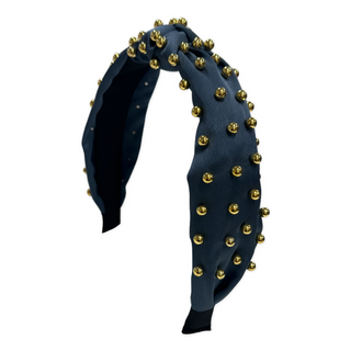 Satin Gold Ball Knot Headband - Blue, Basically Bows & Bowties, Blue, cf-type-headband, cf-vendor-basically-bows-&-bowties, Headband, Knot Headband, Satin Gold Ball Knot Headband, Satin Headb