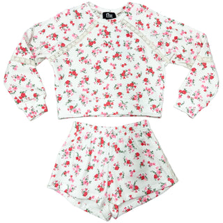 FBZ Pink & Red Floral with Lace Off White Pullover
FBZ Pink & Red Floral with Lace Off White Shorts
Floral pajama set with long-sleeve top and shorts on a white background