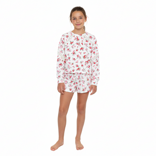 FBZ Pink & Red Floral with Lace Off White Pullover
FBZ Pink & Red Floral with Lace Off White Shorts
Young girl wearing a floral pajama set on a white background