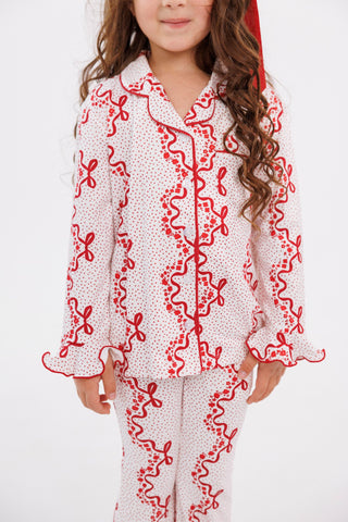 In My Jammers girl's ruffle flare pajama set with vintage bows and blossom patterns, featuring a two-piece design.