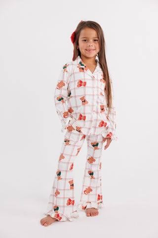 In My Jammers girl's ruffle flare pajama set featuring cozy Christmas bears, perfect for festive sleepwear.