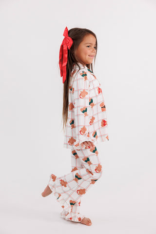 In My Jammers girl's ruffle flare Christmas bears pajama set featuring cozy holiday-themed design and soft fabric.