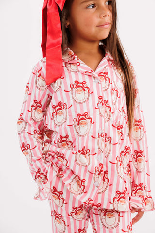 In My Jammers girl's pink Santa Claus lane ruffle flare 2-piece pajamas set with festive holiday design.