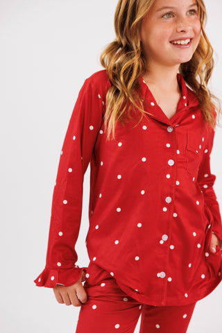 In My Jammers girl’s ruffle flare 2-piece pajama set in ruby polka dot with ruffle details, designed for comfortable sleepwear.