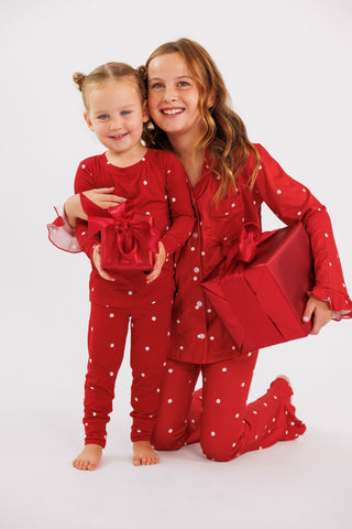 In My Jammers girl's ruffle flare 2pc pajama set with ruby polka dot pattern, featuring ruffle details and comfortable fit.