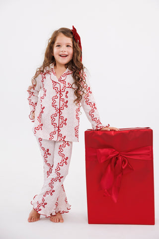 In My Jammers girl's ruffle flare 2-piece pajama set with vintage bows and blossom print, shown in a cozy sleepwear style.
