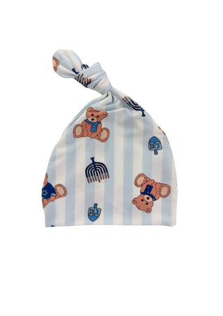 In My Jammers Hanukkah Bears Newborn Hat
Baby hat with teddy bear and Hanukkah-themed designs on a white background