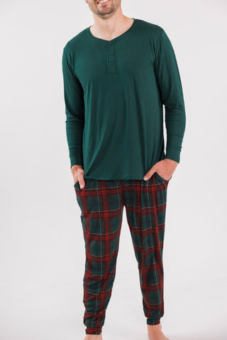 Men's holiday plaid jogger pajamas by In My Jammers featuring a comfortable fit and festive heritage plaid design.