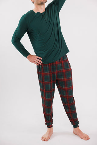 Men's holiday plaid jogger pajamas by In My Jammers featuring festive heritage plaid fabric and comfortable jogger style.