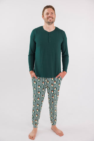 Green Santa Claus Lane men's pajama top from In My Jammers with a solid design, comfortable and perfect for holiday sleepwear.