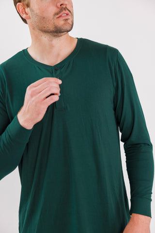 Green Santa Claus Lane men's pajama top from In My Jammers with a solid color design.