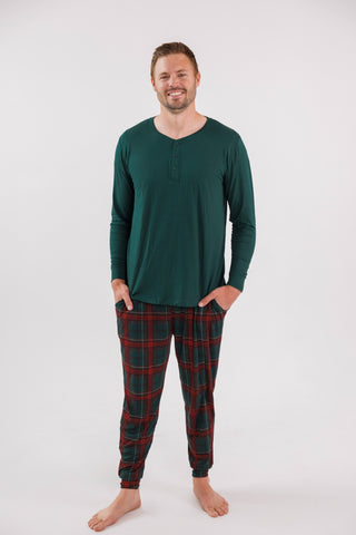 Men's holiday plaid pajama top from In My Jammers, featuring solid fabric and festive heritage plaid design.