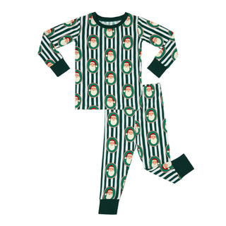 In My Jammers green Santa Claus Lane two-piece pajamas set with festive stripe pattern, featuring a cozy top and matching pants.